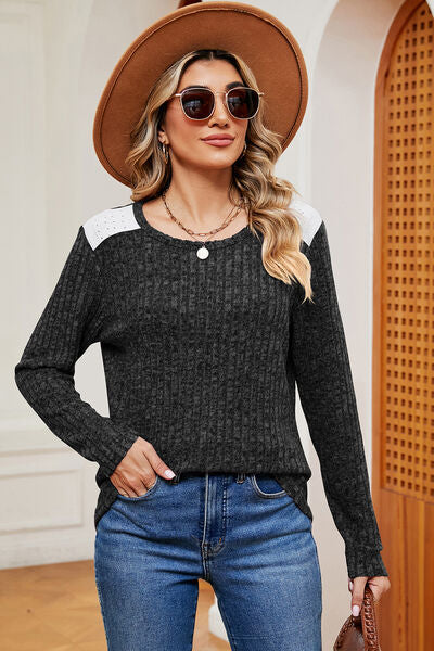 Eyelet Ribbed Round Neck Long Sleeve T-Shirt - Charming Charlie