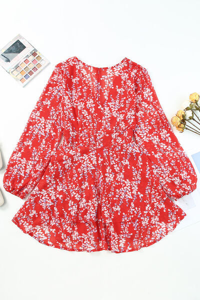 Printed Surplice Balloon Sleeve Layered Dress - Charming Charlie