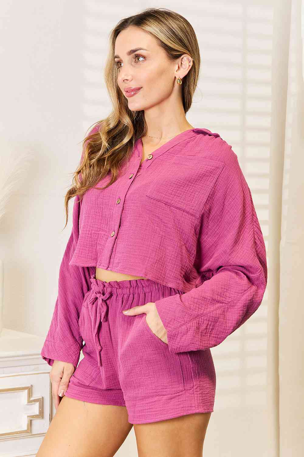 Basic Bae Buttoned Long Sleeve Top and Shorts Set - Charming Charlie