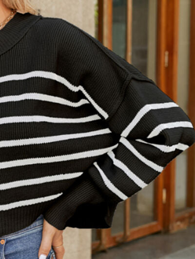 Round Neck Striped Lantern Sleeve Sweater - Charming Charlie