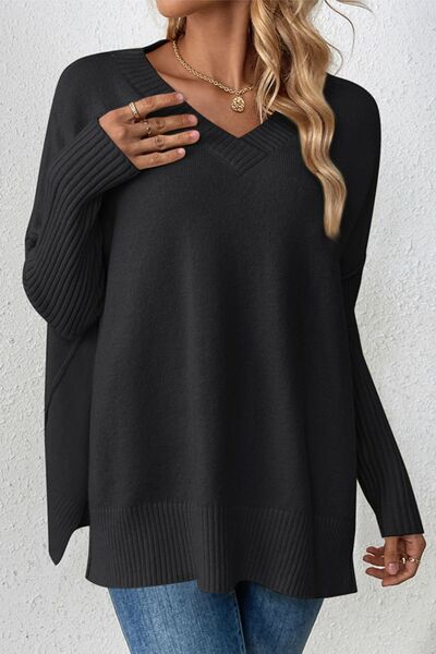 Slit V-Neck Dropped Shoulder Sweater - Charming Charlie