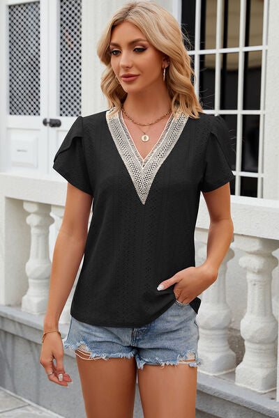 Eyelet V-Neck Petal Sleeve T-Shirt - Charming Charlie