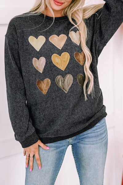 Heart Round Neck Dropped Shoulder Sweatshirt - Charming Charlie