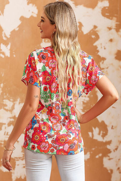 Printed Notched Short Sleeve Blouse - Charming Charlie