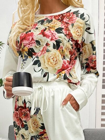 Printed Round Neck Top and Drawstring Pants Lounge Set - Charming Charlie
