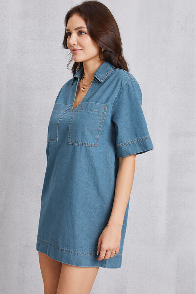 Pocketed Collared Neck Mini Denim Dress - Charming Charlie