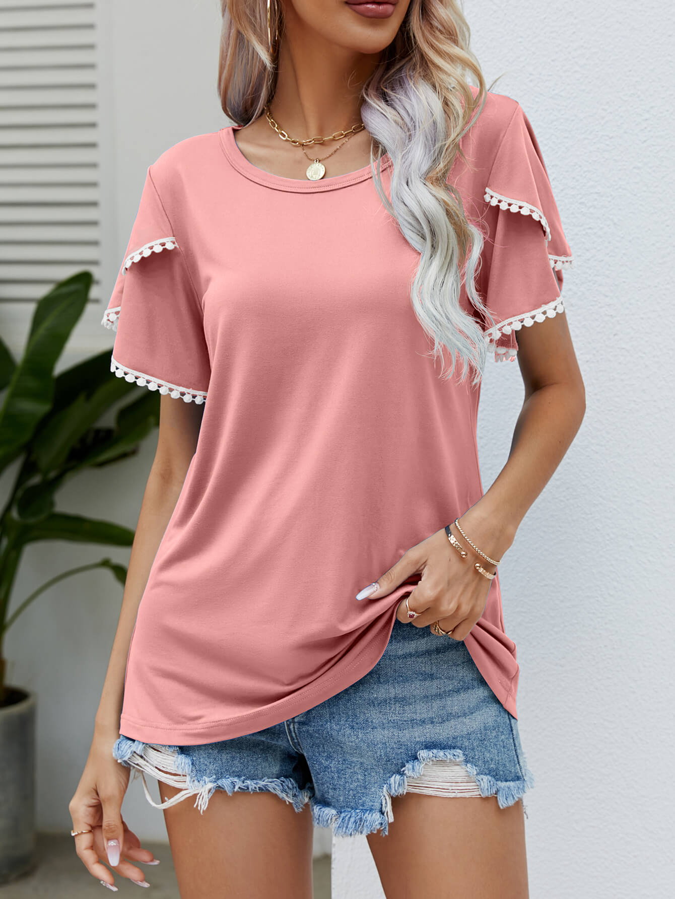 Pom-Pom Trim Flutter Sleeve Round Neck Tee - Charming Charlie