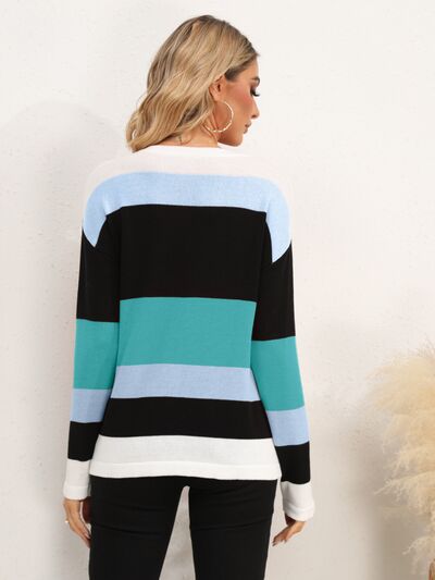 Striped Round Neck Dropped Shoulder Sweater - Charming Charlie