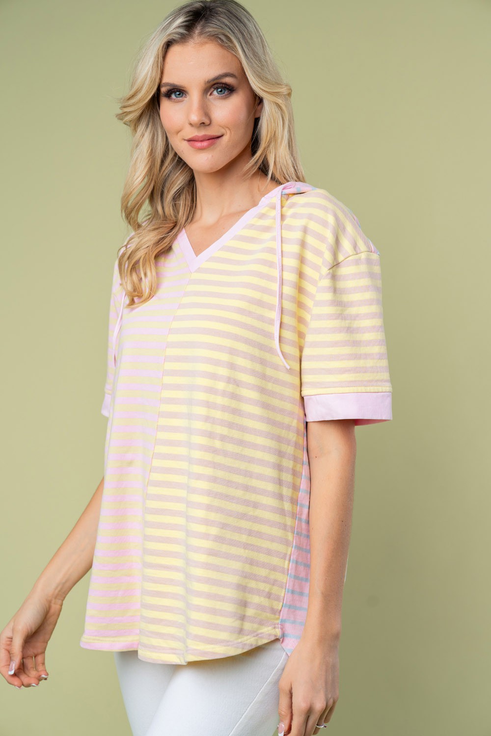 White Birch Full Size Striped Short Sleeve Drawstring Hooded Top - Charming Charlie