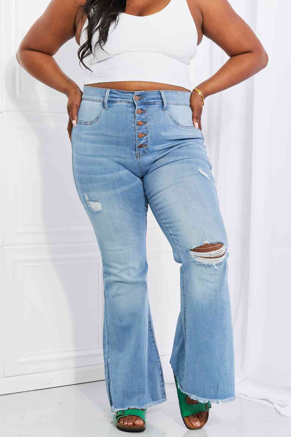 Vibrant MIU Full Size Jess Button Flare Jeans - Charming Charlie