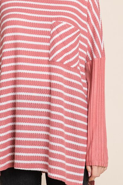 Culture Code Oversize Striped Round Neck Long Sleeve Slit T-Shirt - Charming Charlie