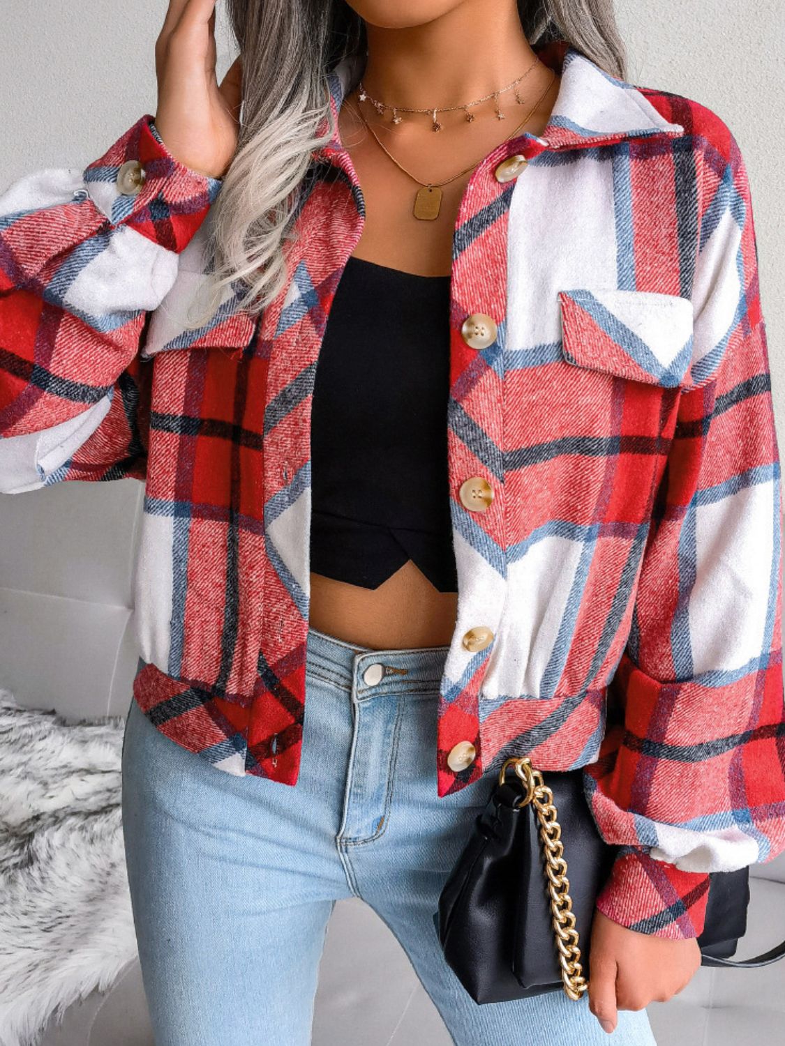 Plaid Collared Neck Drop Shoulder Jacket - Charming Charlie