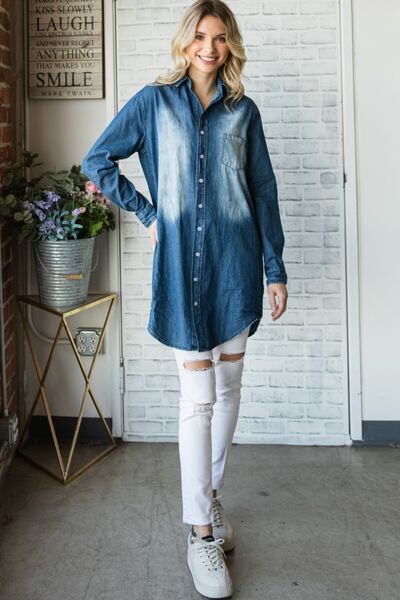 Veveret Pocketed Button Up Washed Denim Shirt - Charming Charlie