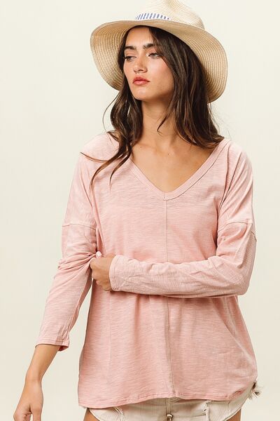BiBi Exposed Seam V-Neck Long Sleeve T-Shirt - Charming Charlie