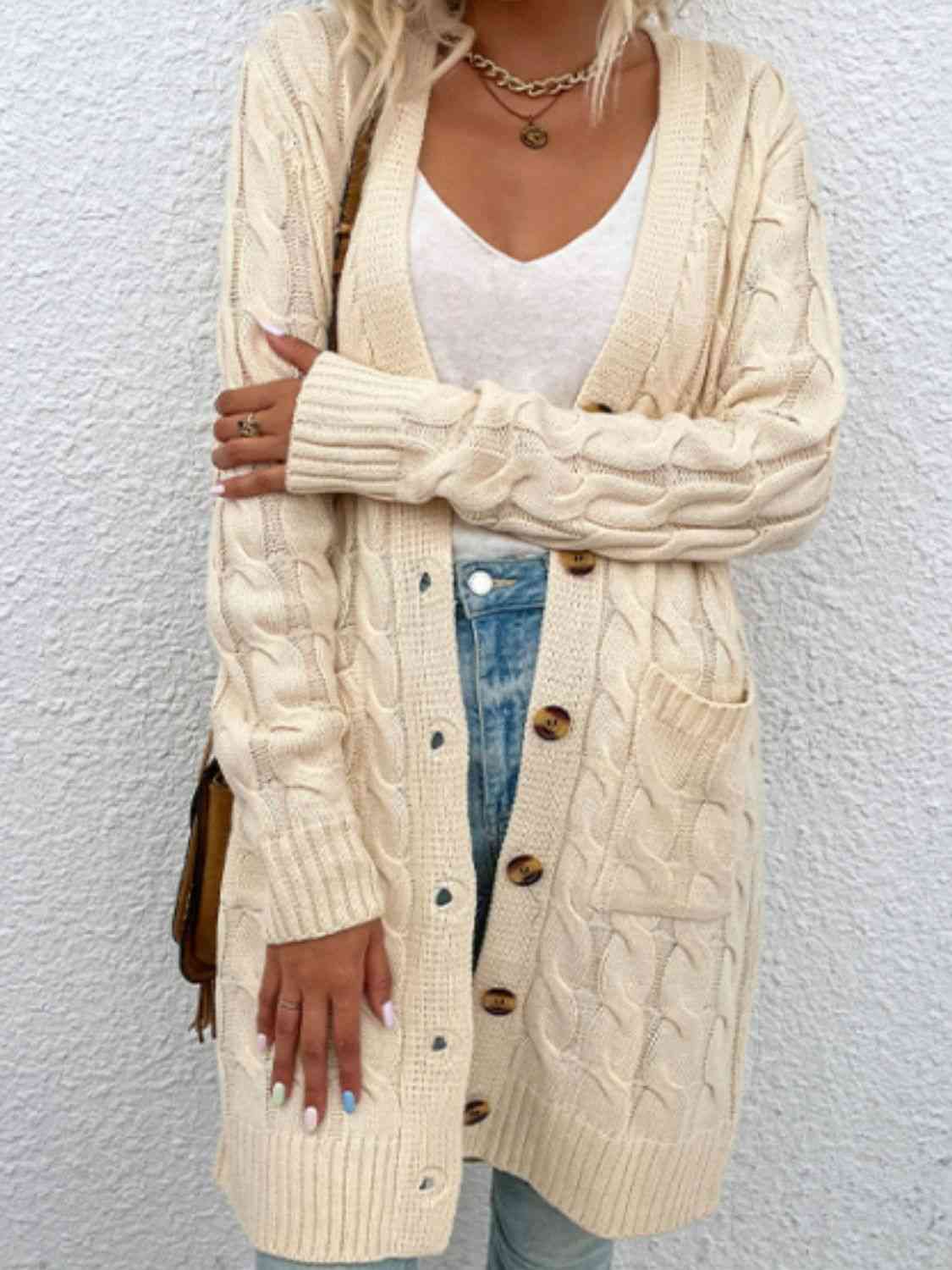 Cable-Knit Button Down Cardigan with Pockets - Charming Charlie