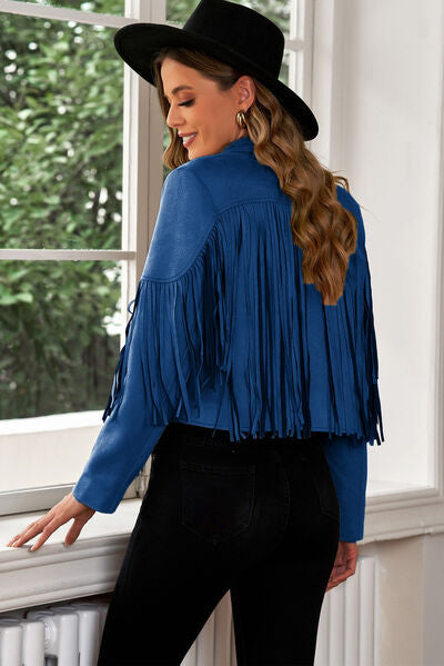 Fringe Trim Lapel Collar Cropped Blazer - Charming Charlie