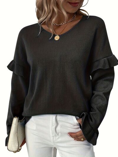 V-Neck Ruffle Trim Long Sleeve Sweater - Charming Charlie