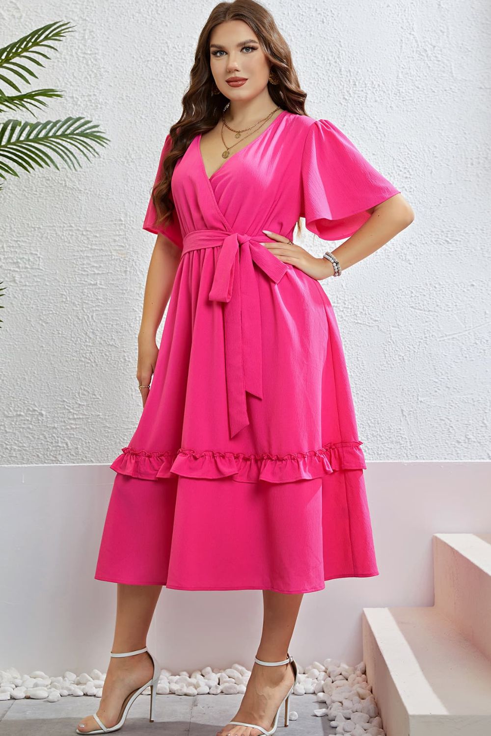 Belted Frill Trim Flutter Sleeve Dress - Charming Charlie