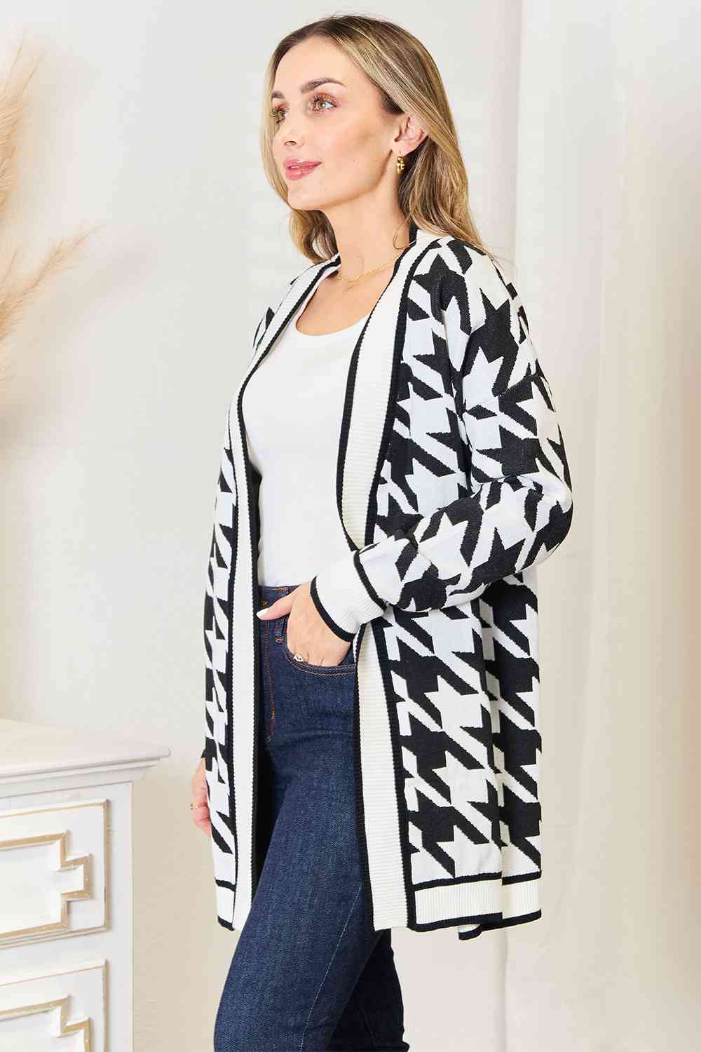 Woven Right Houndstooth Open Front Longline Cardigan - Charming Charlie