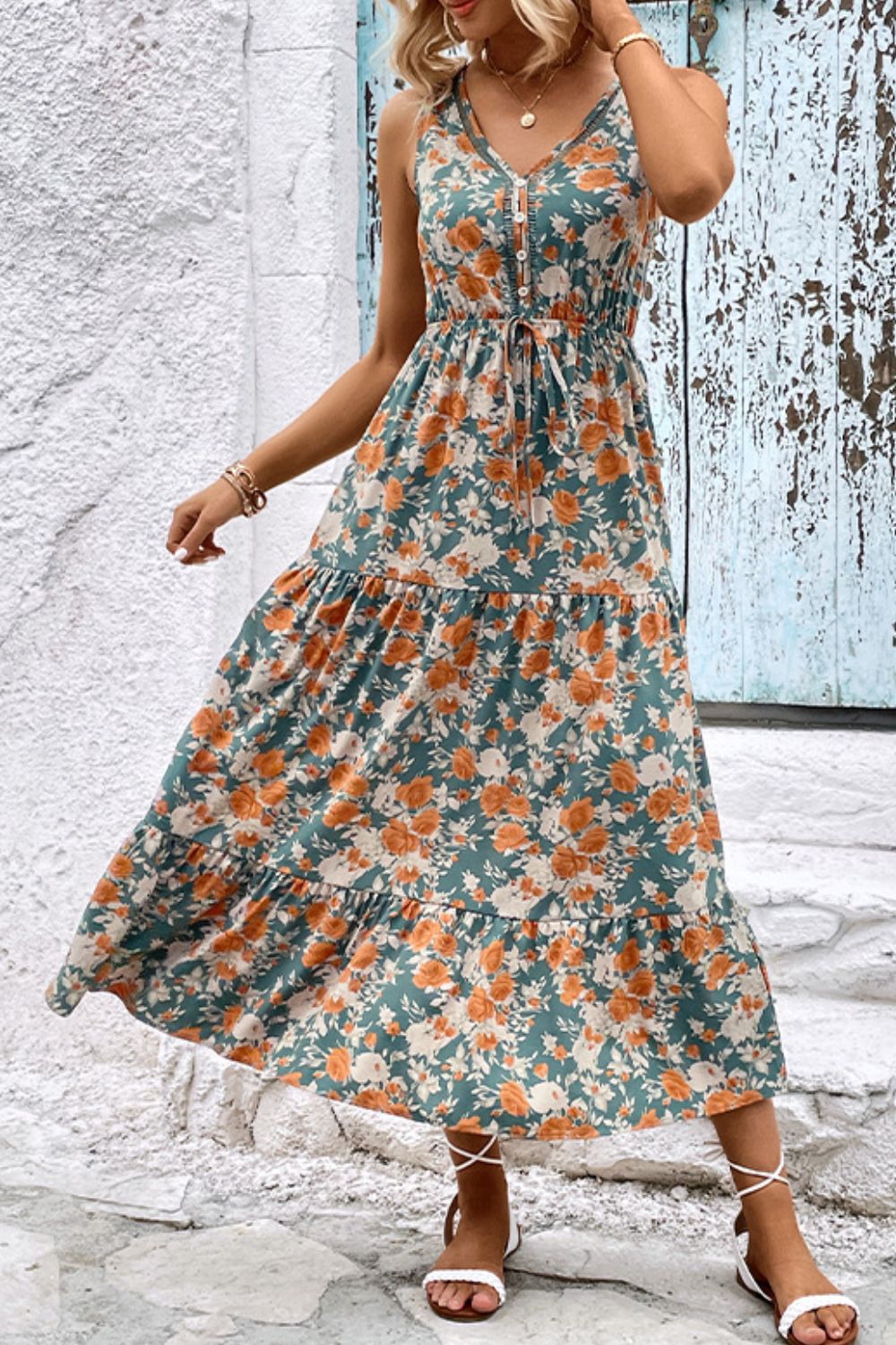 Floral V-Neck Tiered Sleeveless Dress - Charming Charlie