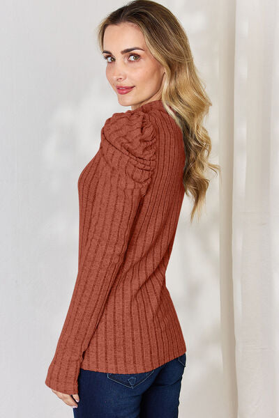 Basic Bae Full Size Ribbed Mock Neck Puff Sleeve T-Shirt - Charming Charlie