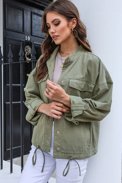 Drawstring Snap Down Dropped Shoulder Denim Jacket - Charming Charlie