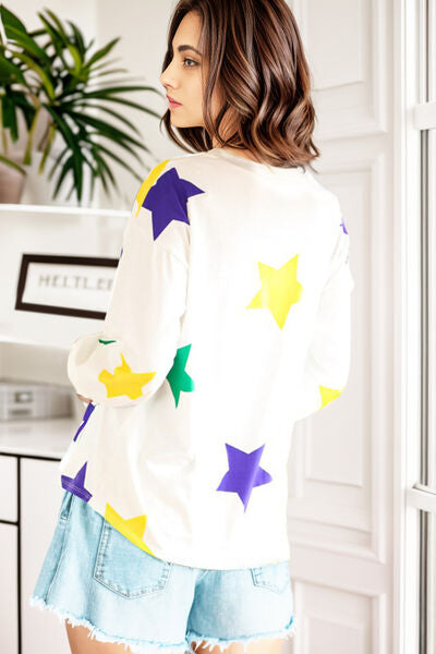 Star Print Round Neck Lantern Sleeve T-Shirt - Charming Charlie