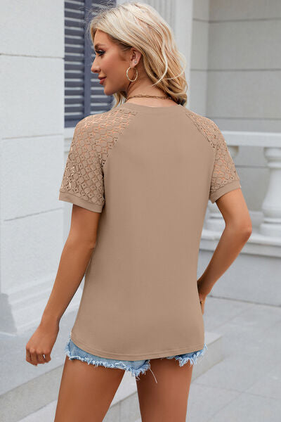Openwork Round Neck Short Sleeve T-Shirt - Charming Charlie