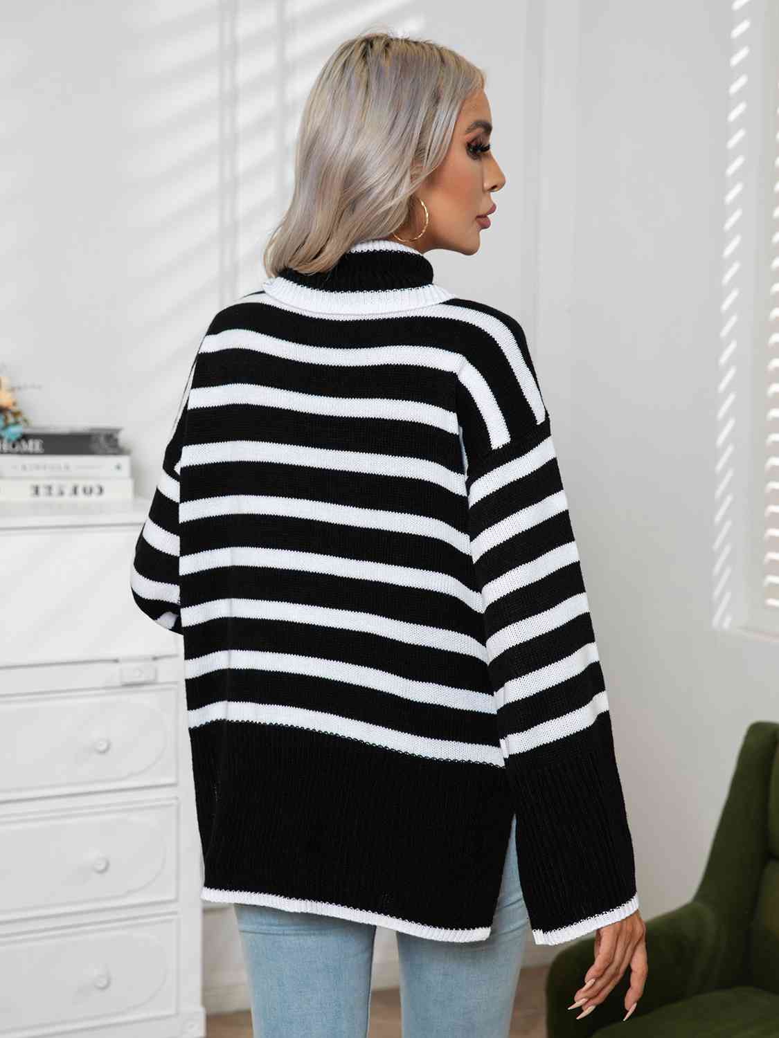 Striped Slit Turtleneck Drop Shoulder Sweater - Charming Charlie