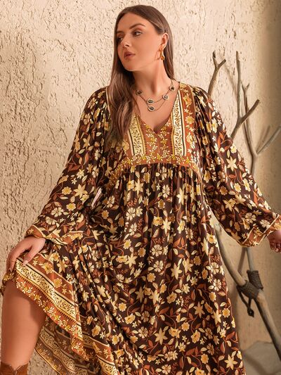 Plus Size Printed V-Neck Balloon Sleeve Dress - Charming Charlie