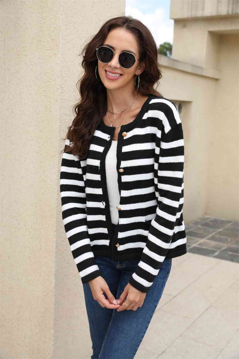 Striped Round Neck Button-Down Dropped Shoulder Cardigan - Charming Charlie
