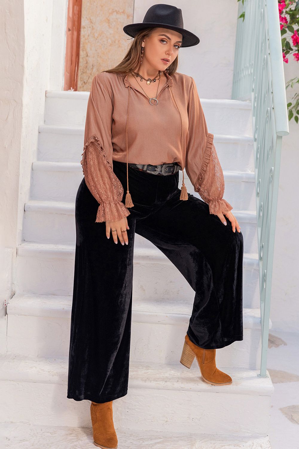 Plus Size Tie Neck Flounce Sleeve Blouse - Charming Charlie