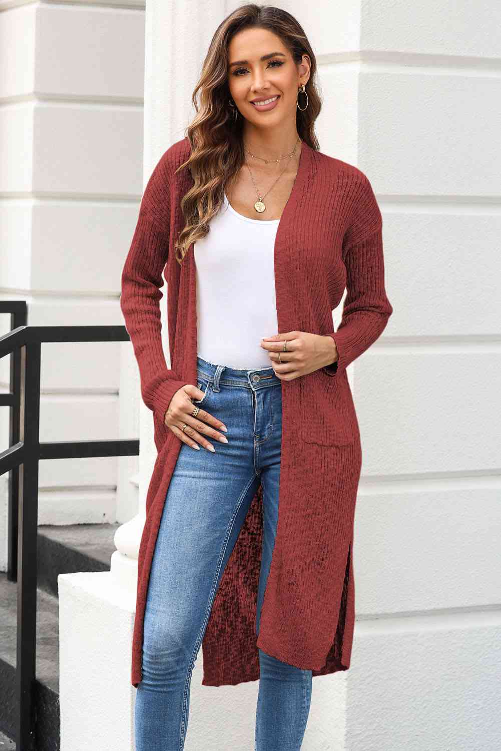 Open Front Slit Cardigan with Pockets - Charming Charlie