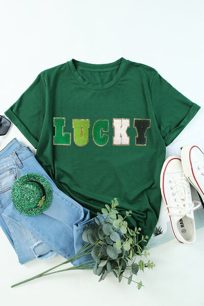 LUCKY Round Neck Short Sleeve T-Shirt - Charming Charlie
