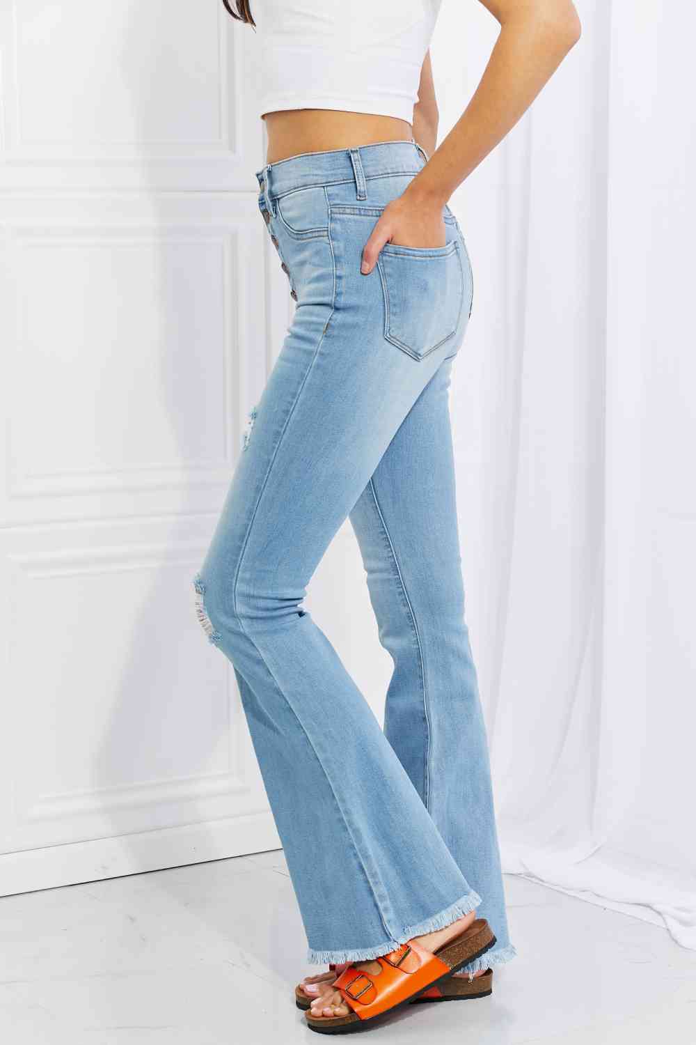 Vibrant MIU Full Size Jess Button Flare Jeans - Charming Charlie