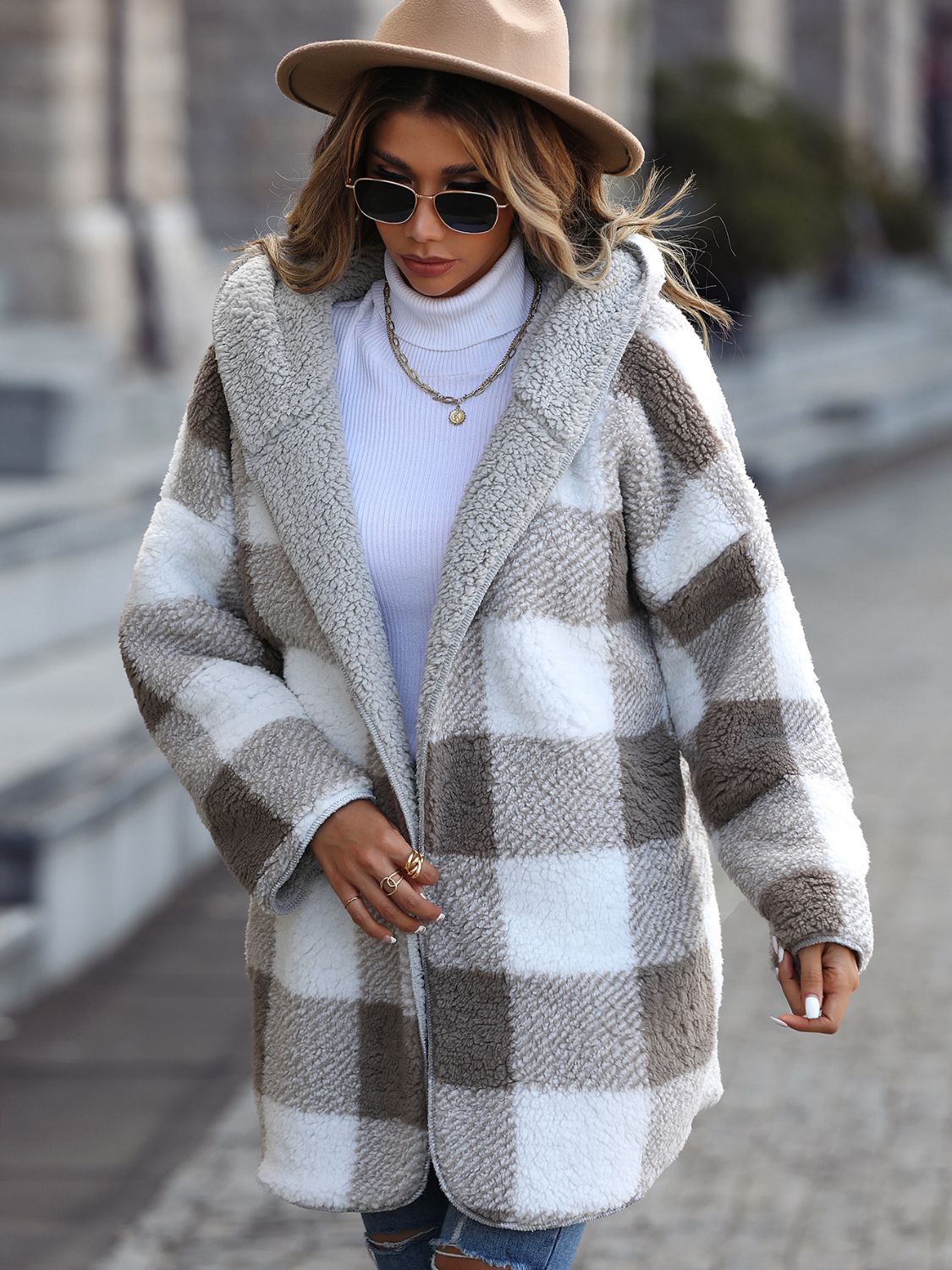 Plaid Open Front Hooded Coat - Charming Charlie
