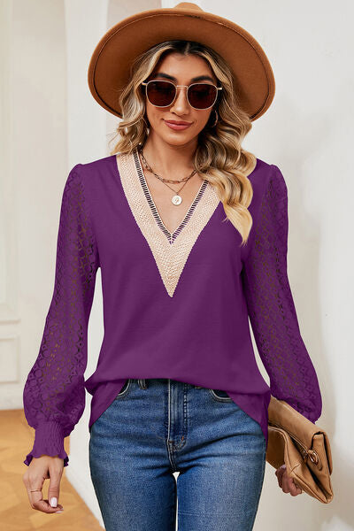 Openwork V-Neck Long Sleeve T-Shirt - Charming Charlie