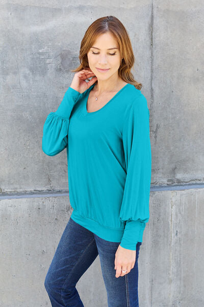 Basic Bae Full Size V-Neck Lantern Sleeve Blouse - Charming Charlie