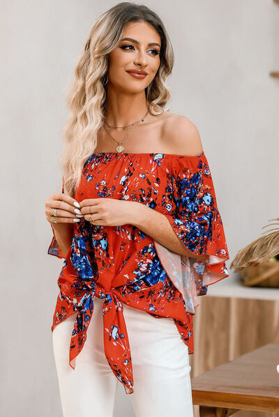 Tied Printed Off-Shoulder Half Sleeve Blouse - Charming Charlie