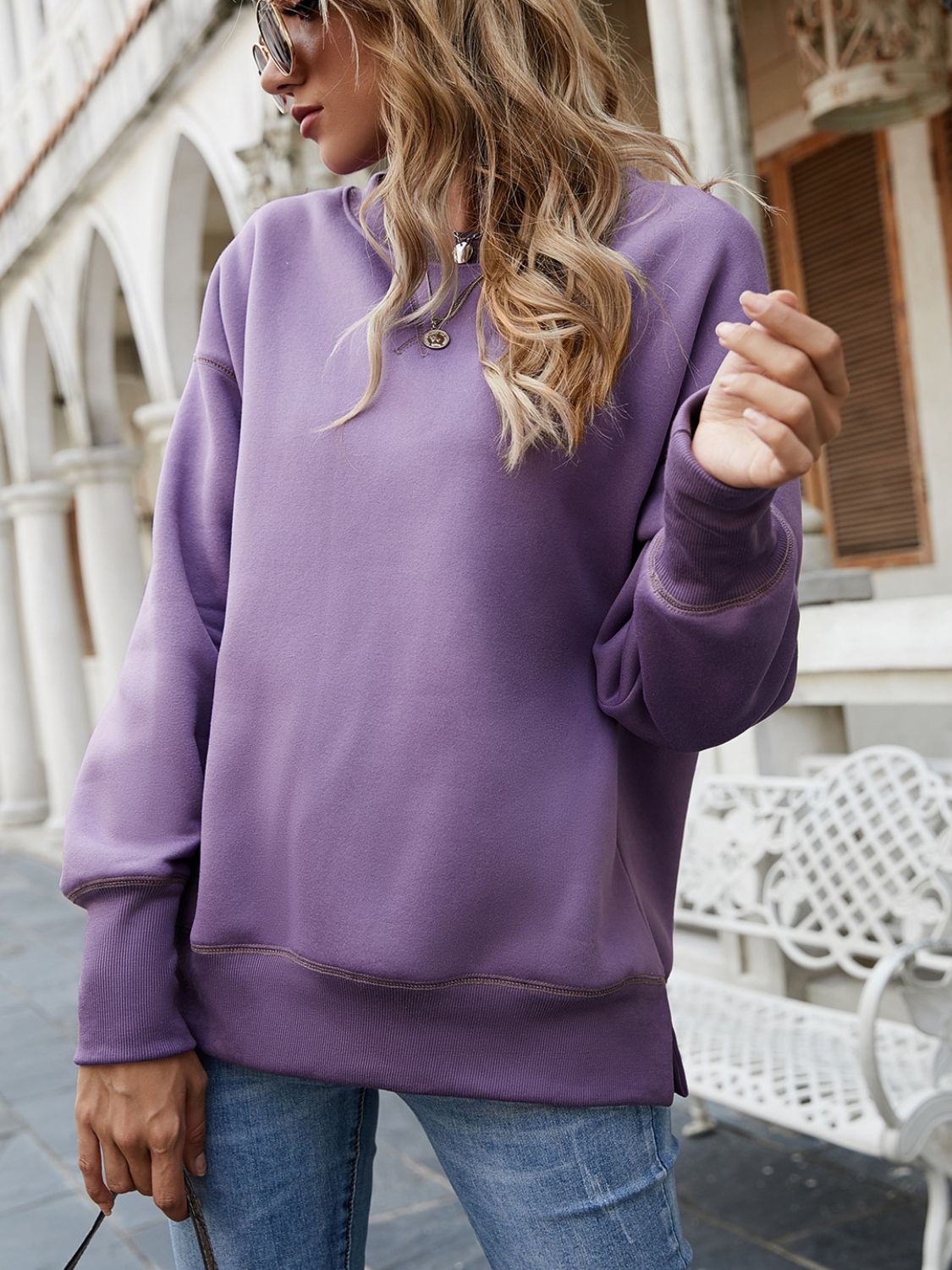 Dropped Shoulder Slit Sweatshirt - Charming Charlie