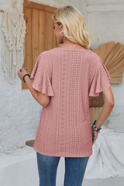 Eyelet Applique V-Neck Cap Sleeve T-Shirt - Charming Charlie