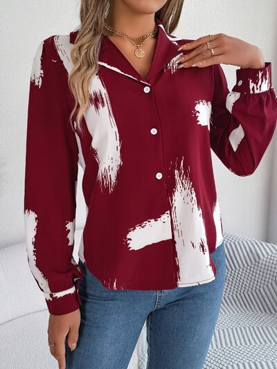 Printed Collared Neck Button Up Shirt - Charming Charlie