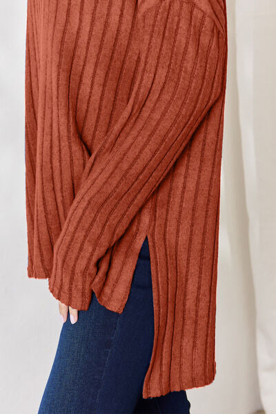 Basic Bae Full Size Ribbed Half Button Long Sleeve High-Low T-Shirt - Charming Charlie