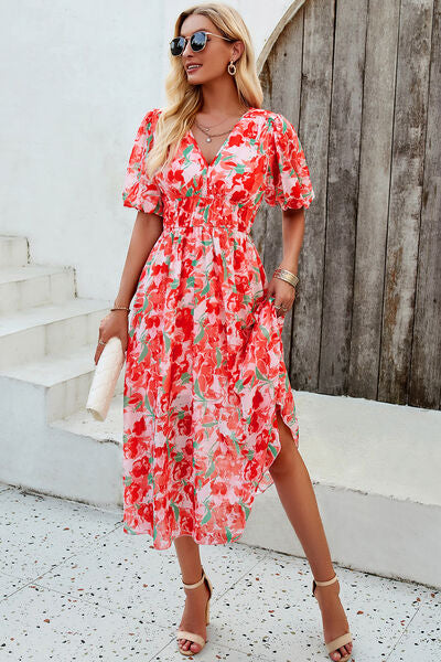Smocked Printed V-Neck Short Sleeve Dress - Charming Charlie