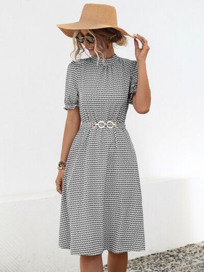 Printed Mock Neck Flounce Sleeve Dress - Charming Charlie