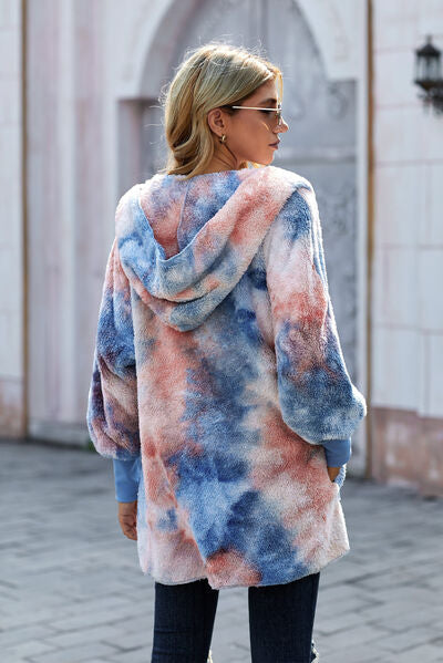 Tie-Dye Plush Hooded Jacket with Pockets - Charming Charlie