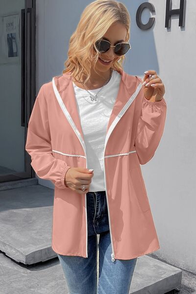 Zip Up Long Sleeve Hooded Watertight Jacket - Charming Charlie