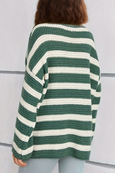 Striped Round Neck Dropped Shoulder Sweater - Charming Charlie