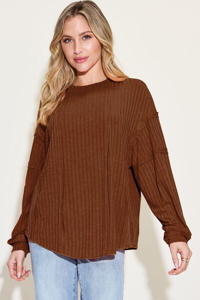 Basic Bae Full Size Ribbed Round Neck Long Sleeve T-Shirt - Charming Charlie