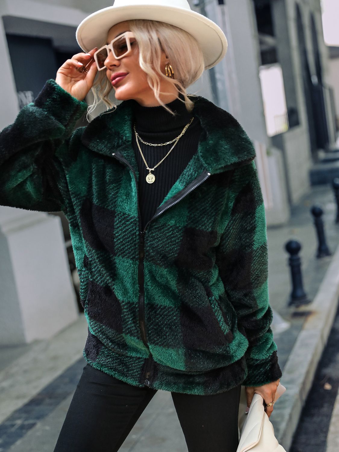 Plaid Zip-Up Collared Jacket - Charming Charlie